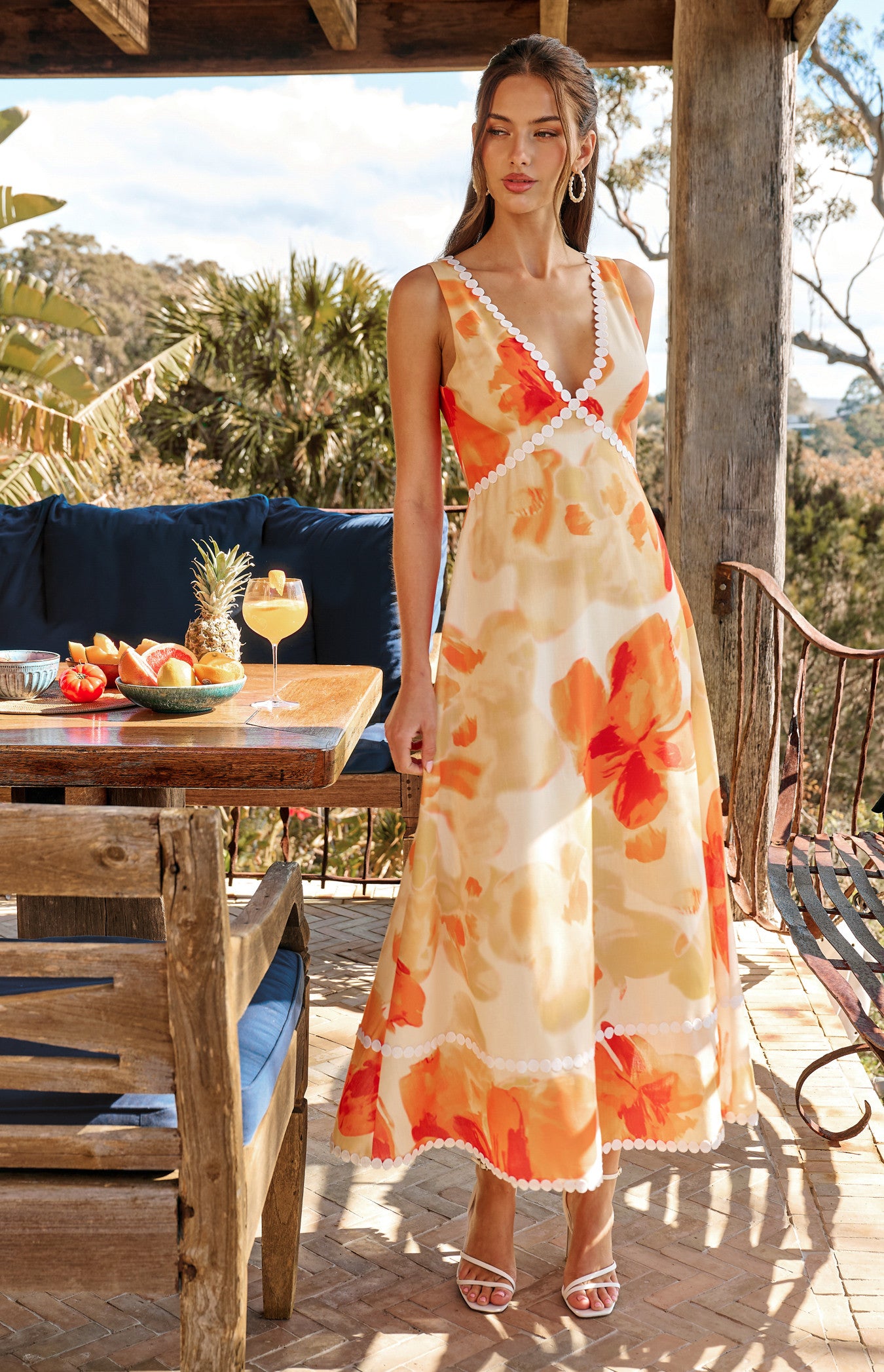 Island Floral Trim Detailing Faux Linen Maxi Dress - Yellow Orange Bestique Island Floral Trim Detailing Faux Linen Maxi Dress - Yellow Orange Bestique