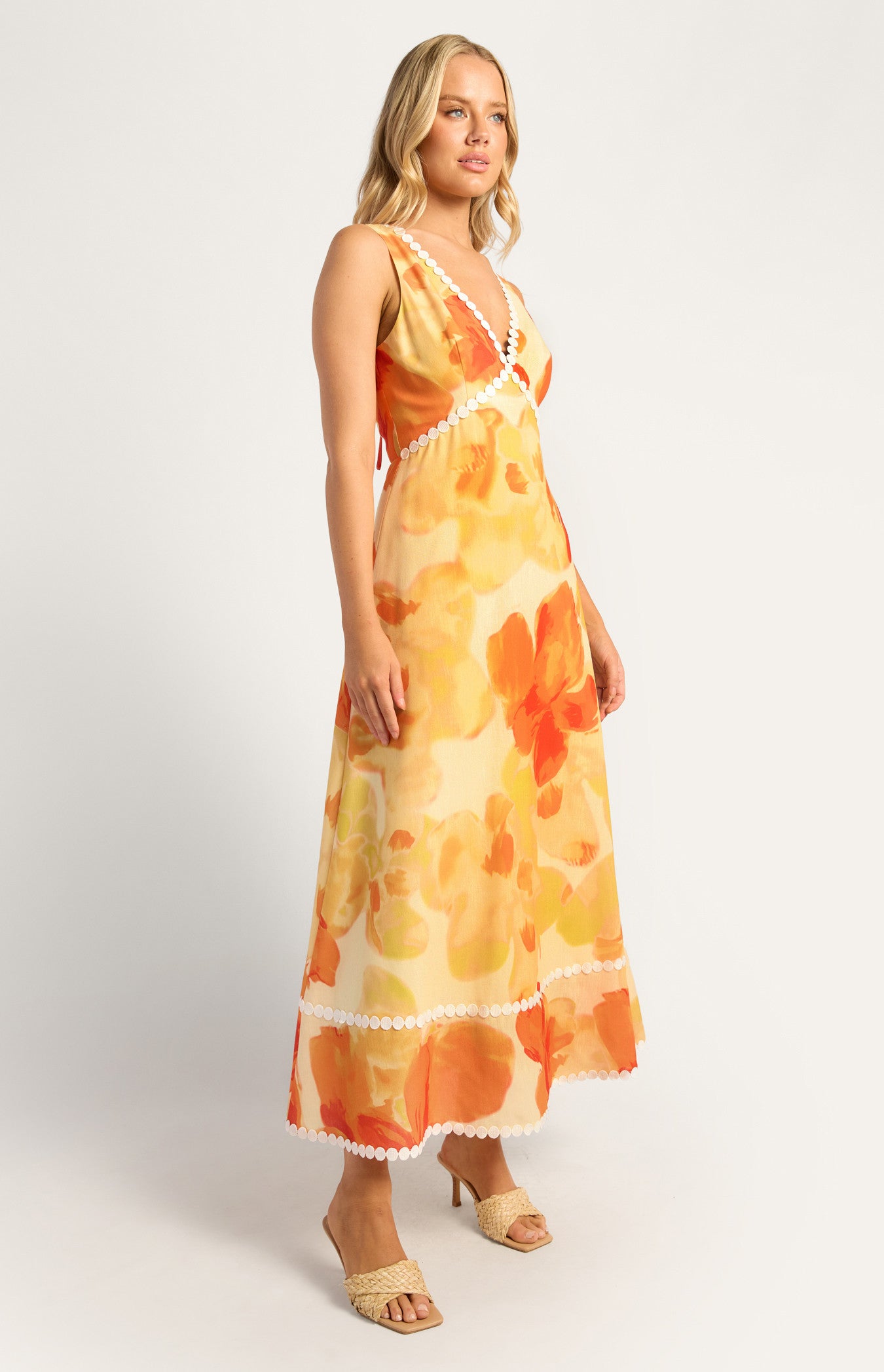 Island Floral Trim Detailing Faux Linen Maxi Dress - Yellow Orange