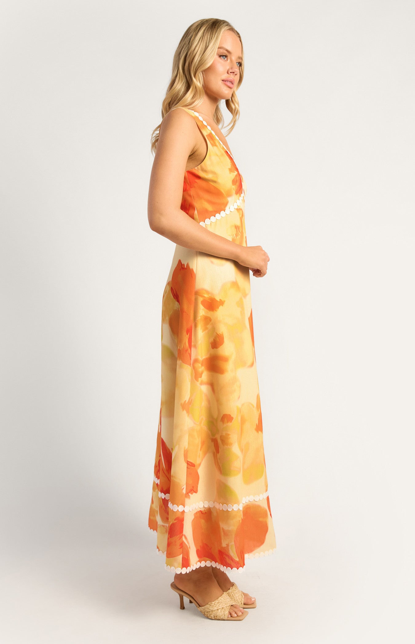 Island Floral Trim Detailing Faux Linen Maxi Dress - Yellow Orange