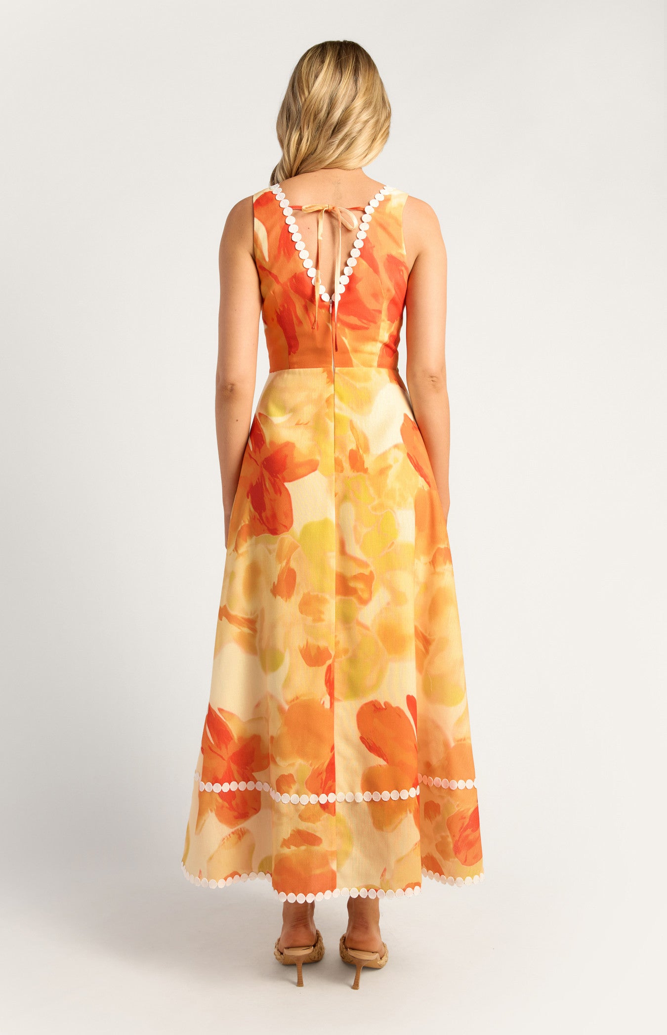 Island Floral Trim Detailing Faux Linen Maxi Dress - Yellow Orange