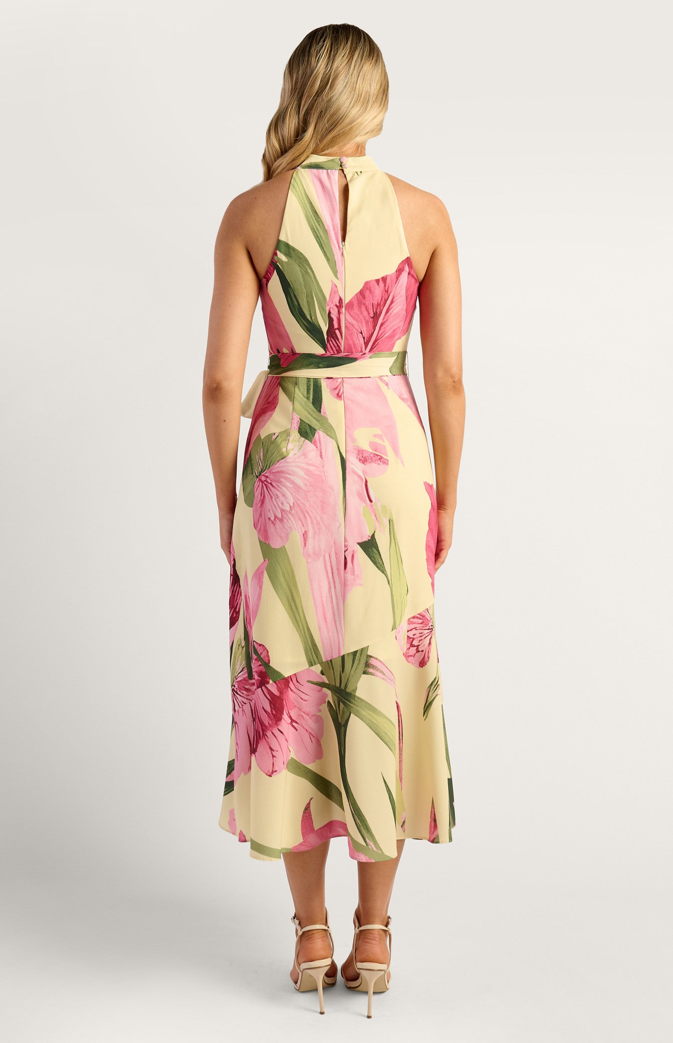 Tara Floral Print Halter Dress With Waterfall Hem - Oasis Lemon