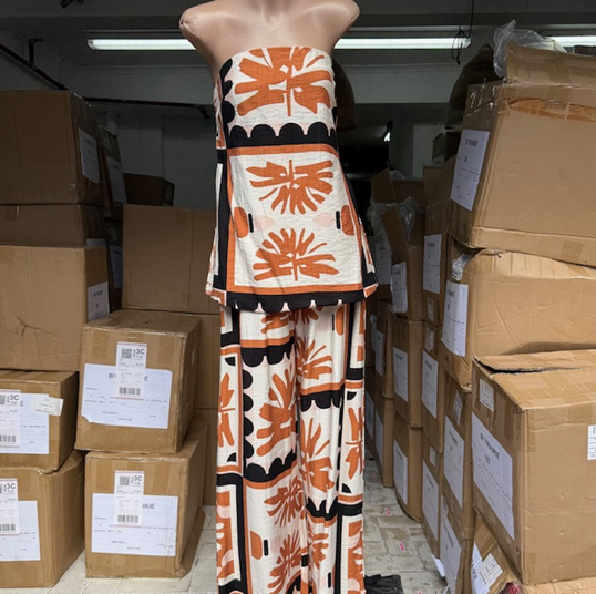 Margot Tube Strapless Top & Pant Set - Rust/Black Palm Print
