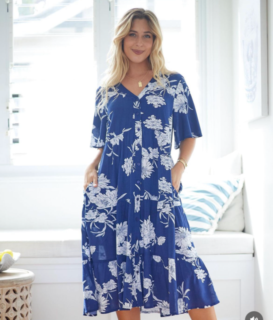 Rosalie Button Up Knee Length Dress - Blue Floral