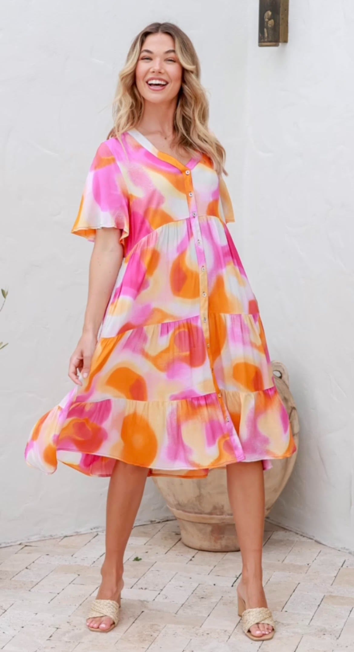 Rosalie Button Up Knee Length Dress - Orange Pink