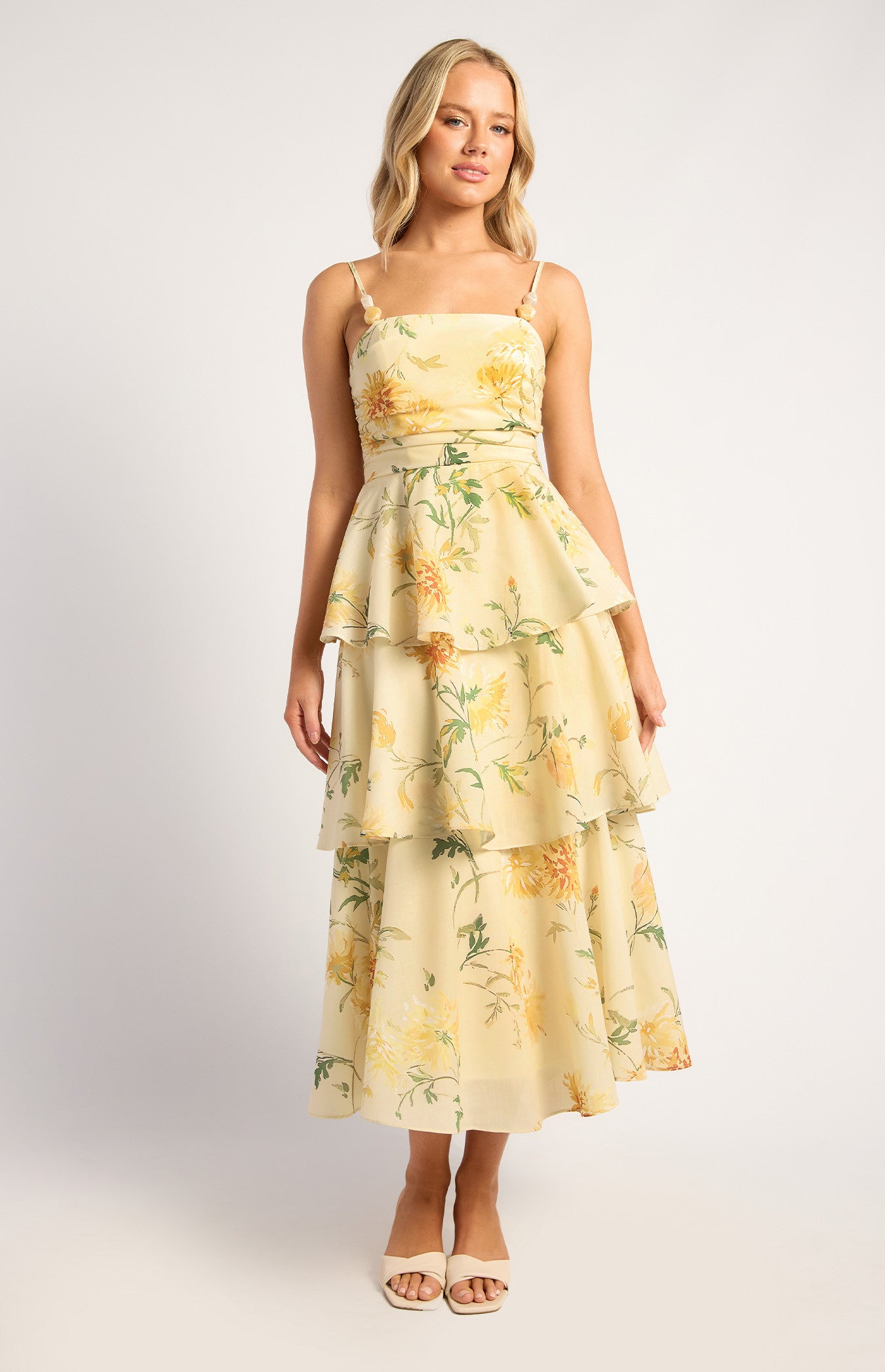 Wispy Florals Tiered Hem Midi Dress With Beaded Strap Details - Yellow