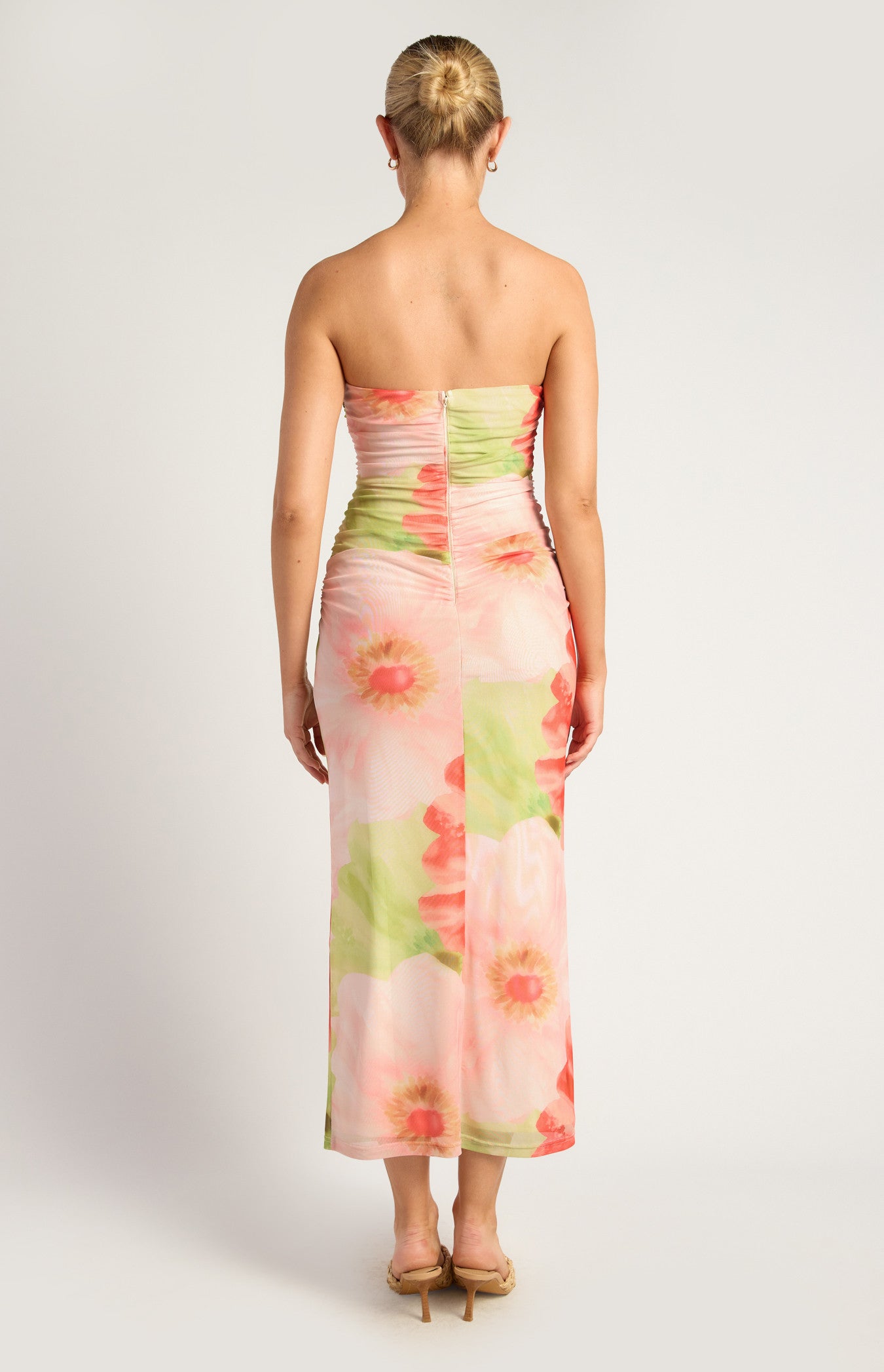 Brooke Contrast Floral Print Strapless Mesh Midi Dress - Coral Green