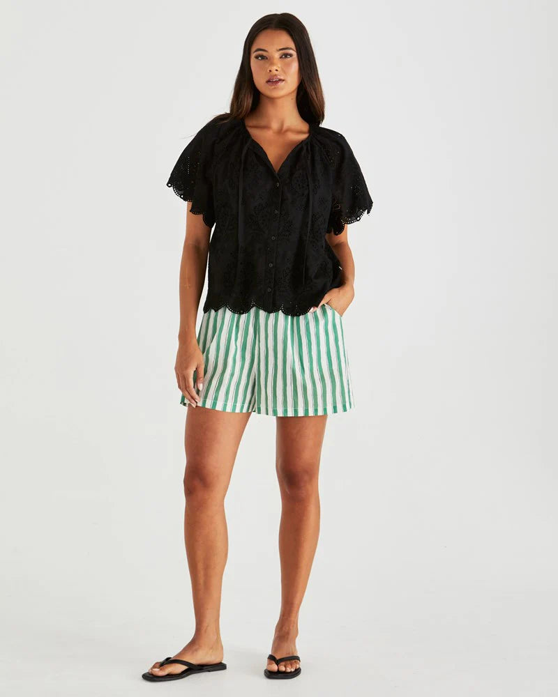 Ani Scalloped Short Sleeved Blouse - Black