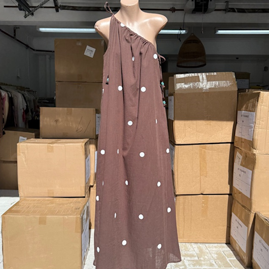 Holly Polka Dot One Shoulder Maxi Dress - Chocolate Brown | By Frankie