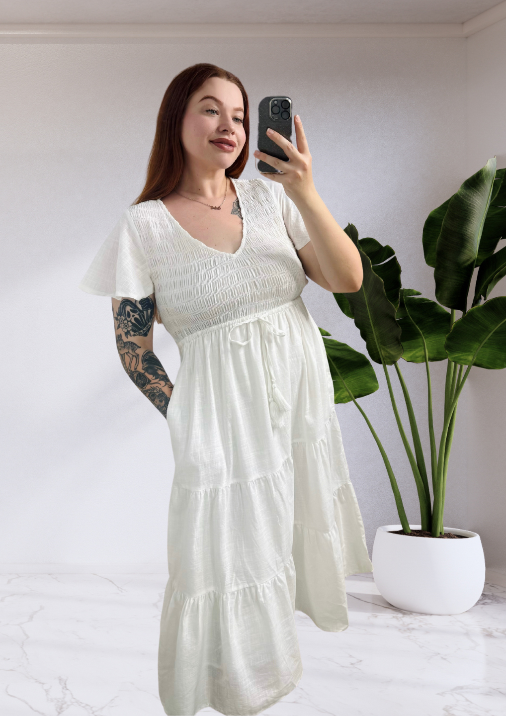 Amy V-Neck Shirred Bust Linen Midi Dress - White