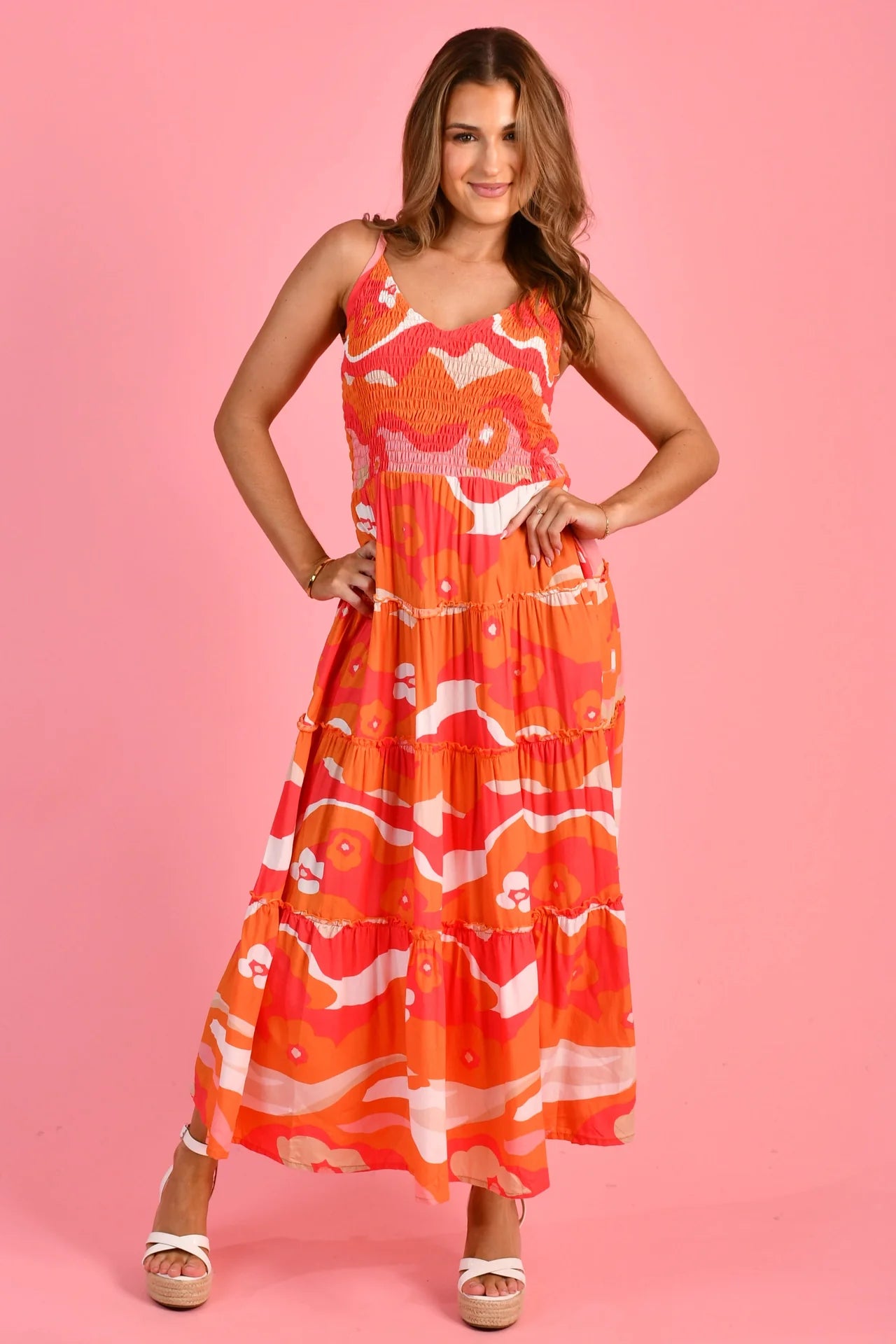 Jolene Shirred Bust Maxi Dress - Orange Summer Sunrise