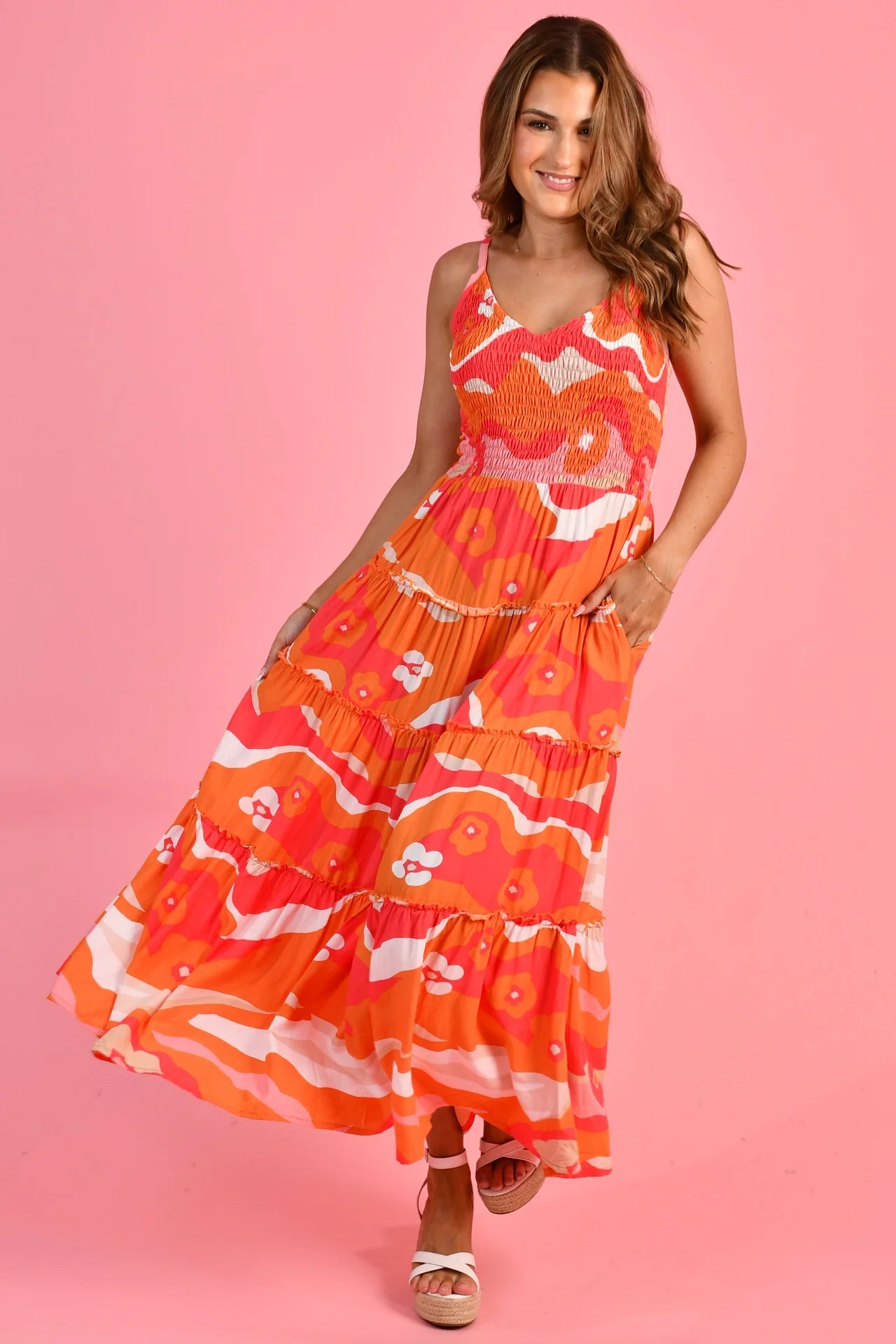 Jolene Shirred Bust Maxi Dress - Orange Summer Sunrise