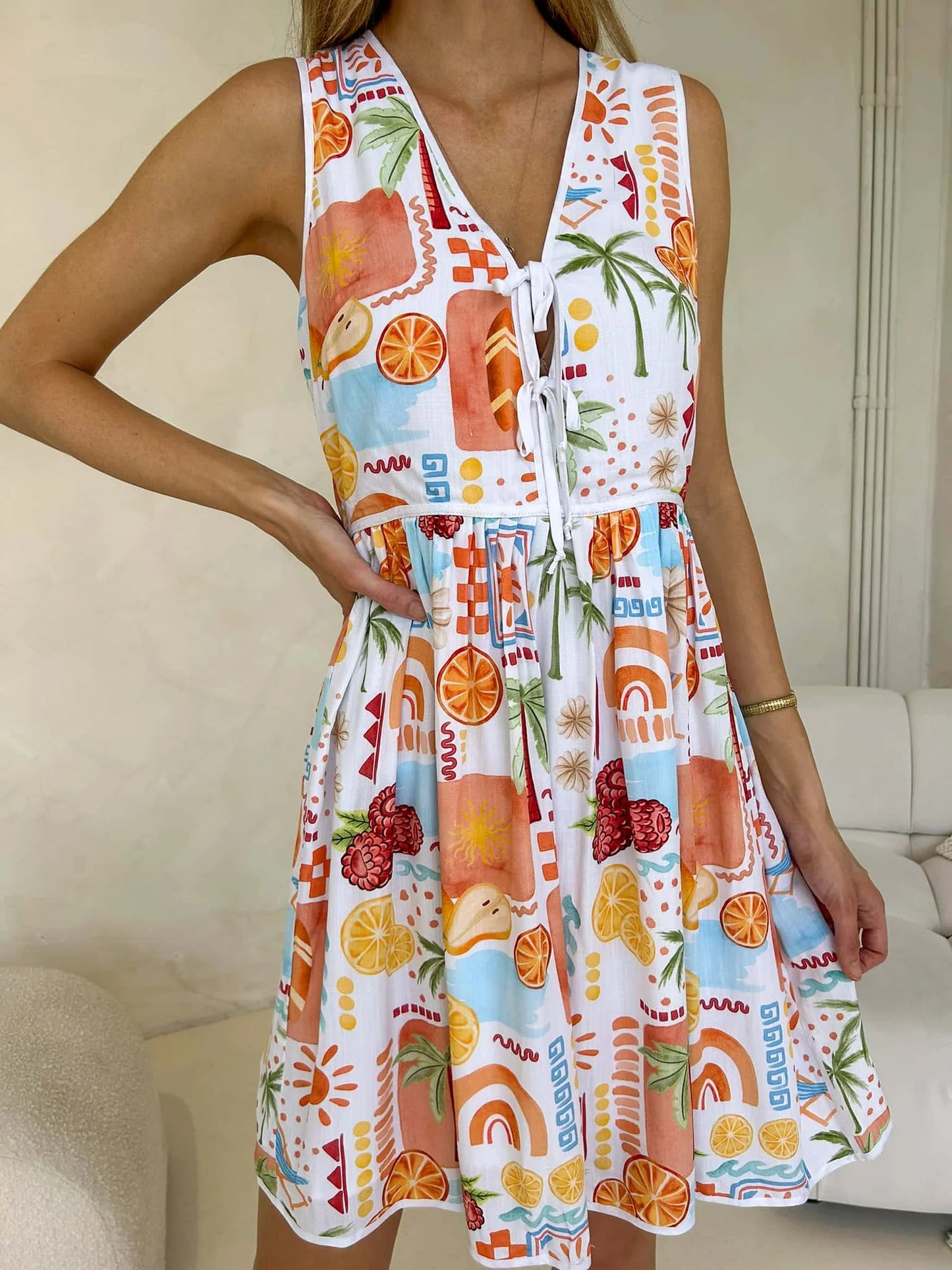Aysha Tie Bust Sleeveless Mini Dress - Citrus Print