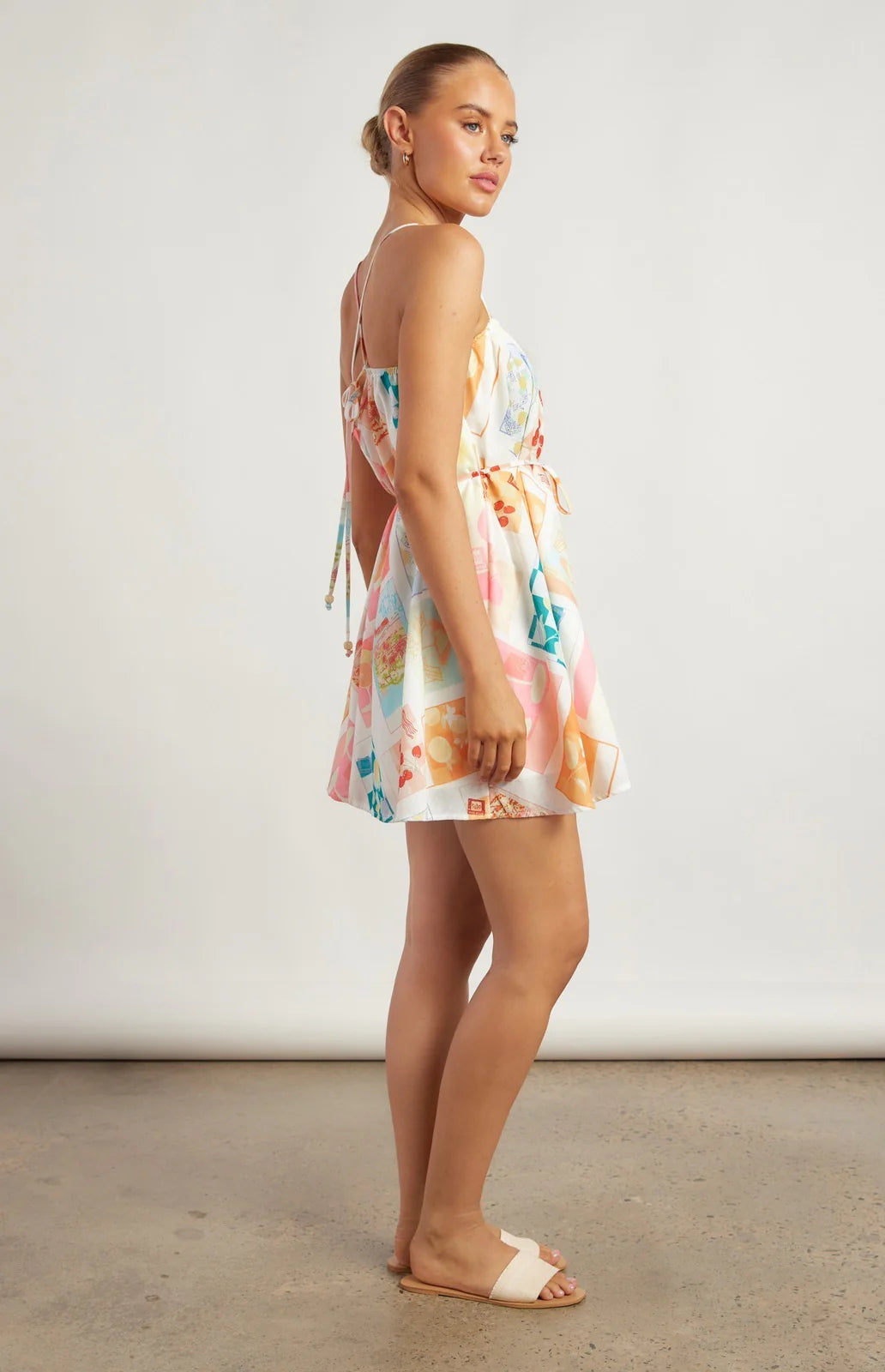 Olive Thin Strap Sleeveless Mini Dress - White Stamp Print