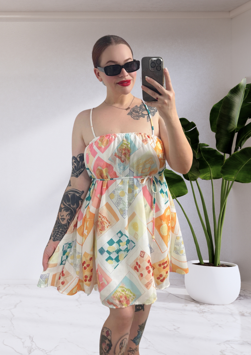 Olive Thin Strap Sleeveless Mini Dress - White Stamp Print