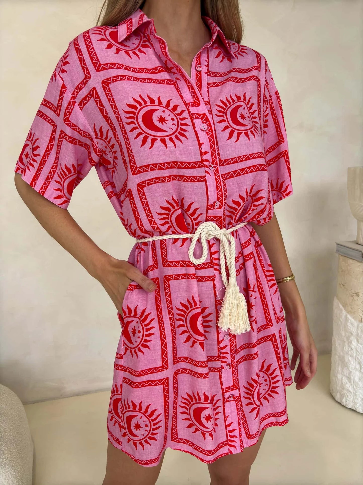 Sally Waist Tie Shirt Mini Dress Sunburst Red