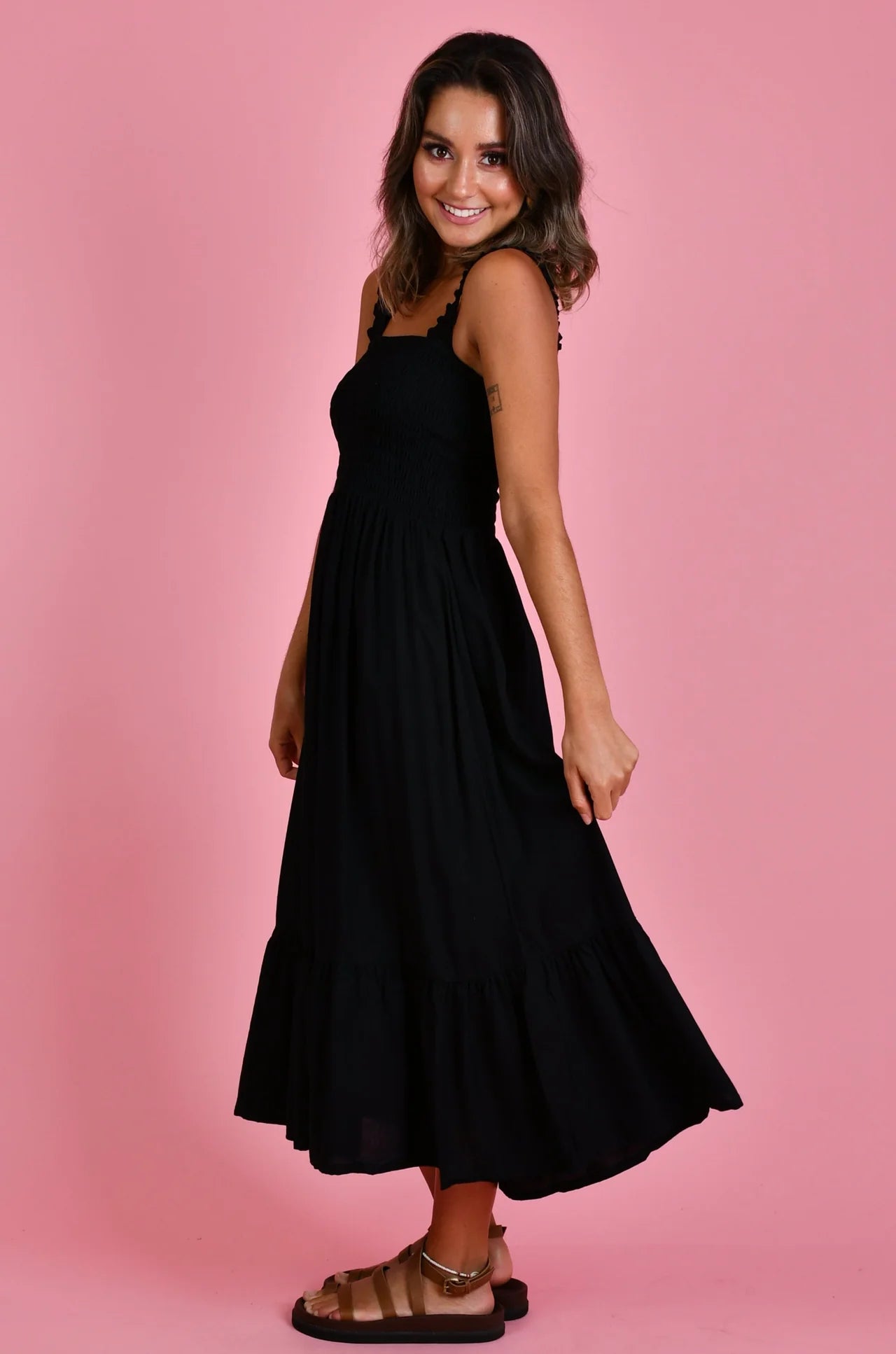 Monaco Shirred Bust Midi Dress - BLACK
