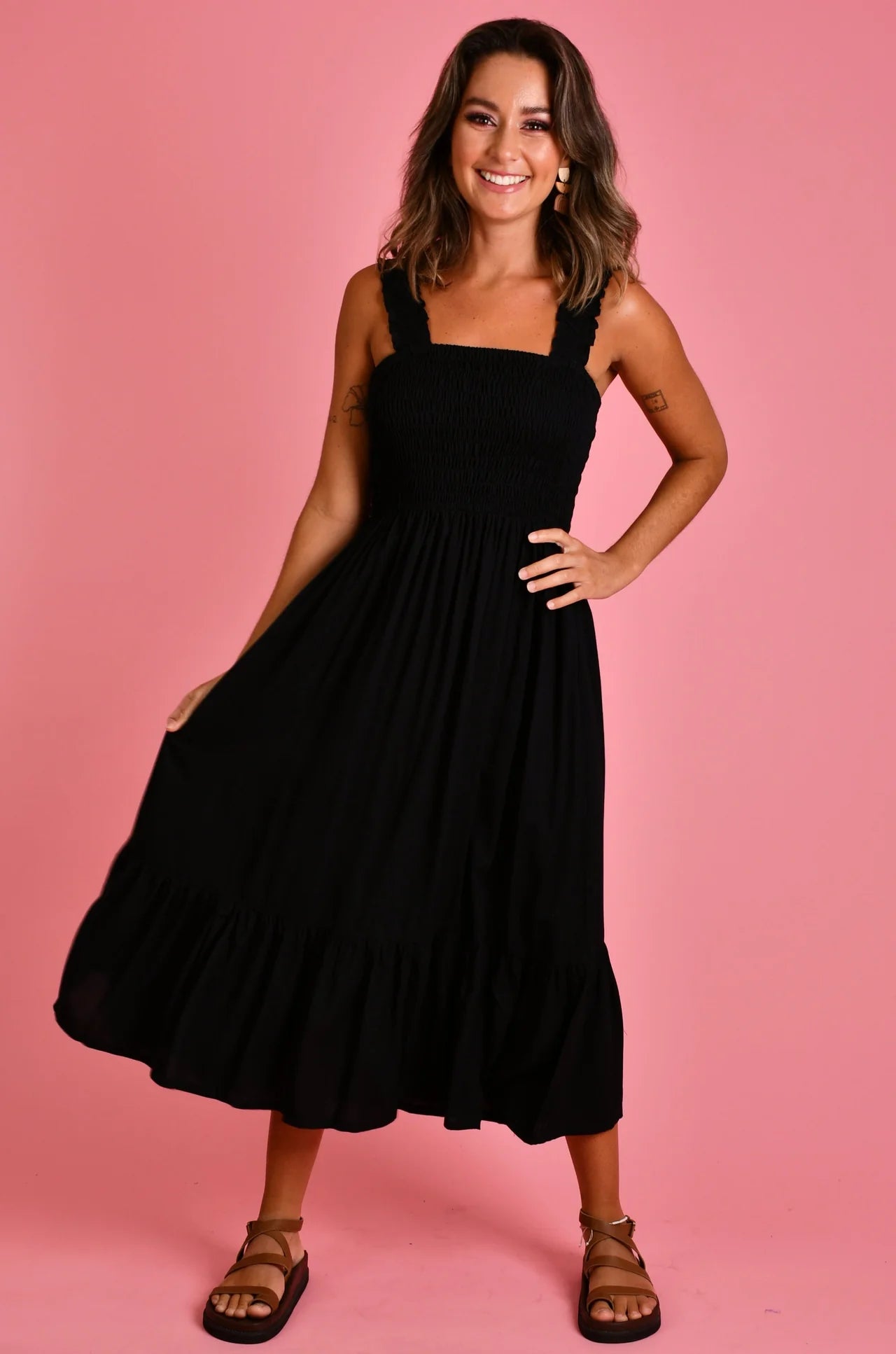 Monaco Shirred Bust Midi Dress - BLACK