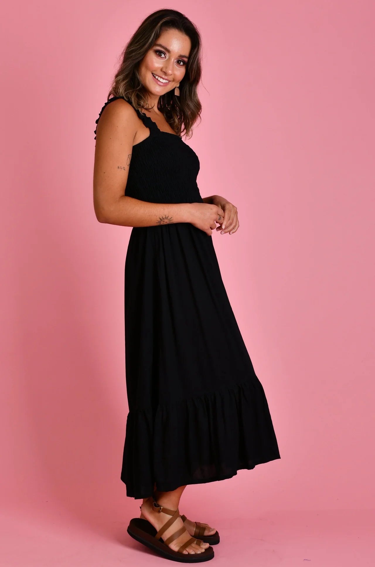 Monaco Shirred Bust Midi Dress - BLACK