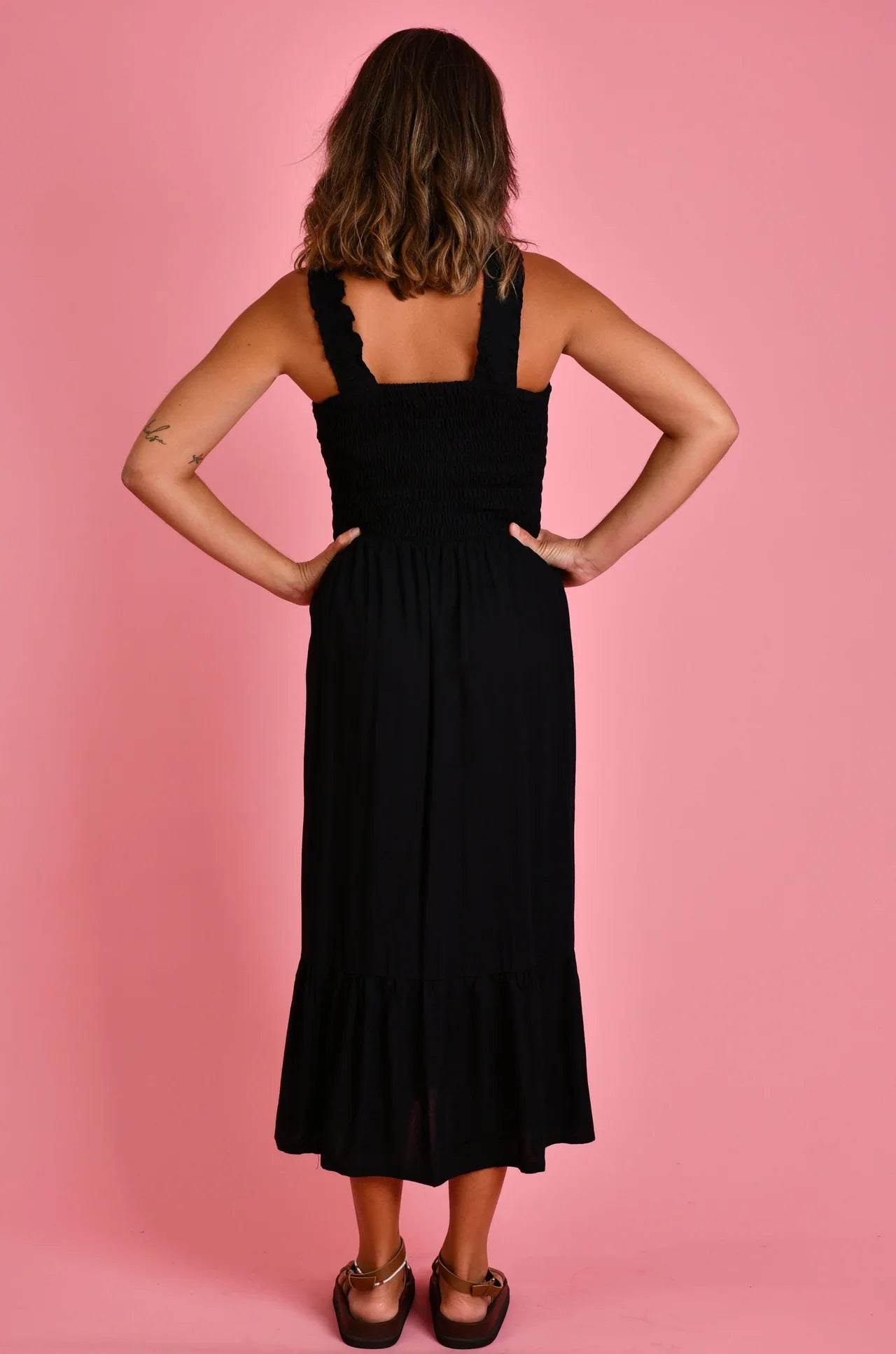 Monaco Shirred Bust Midi Dress - BLACK