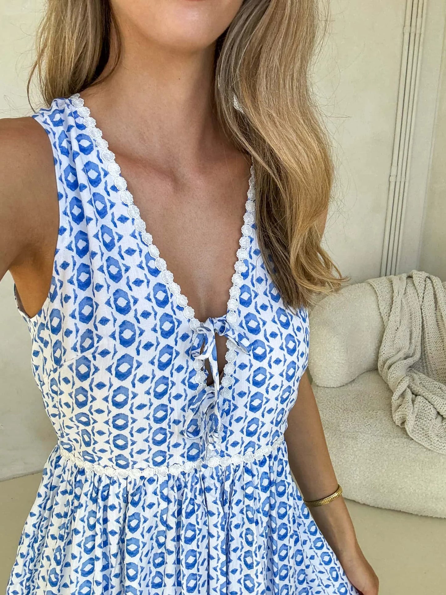 Aysha Tie Bust Dress Sea Spray Print
