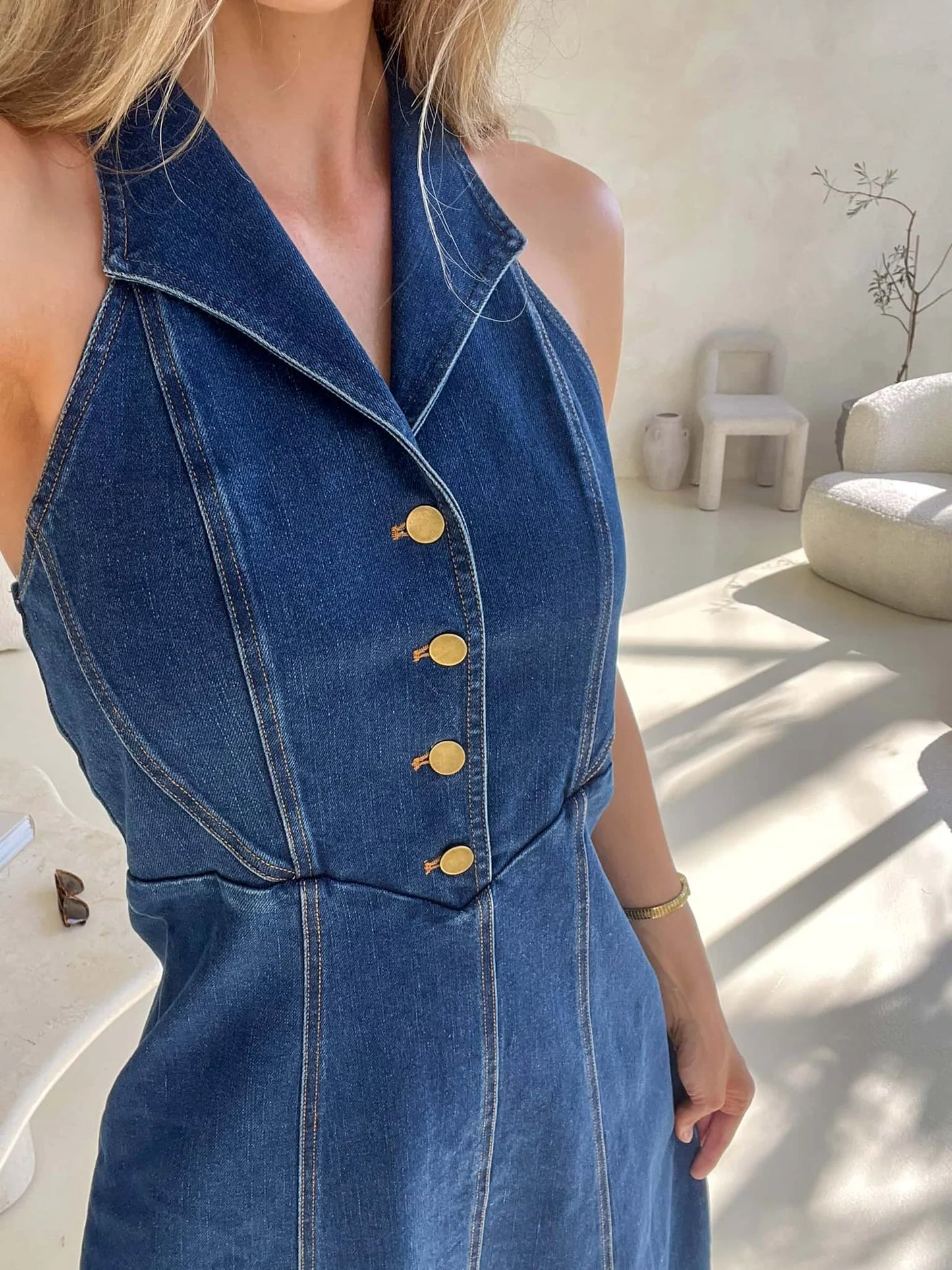 Harper Halter Denim Midi Dress - Blue