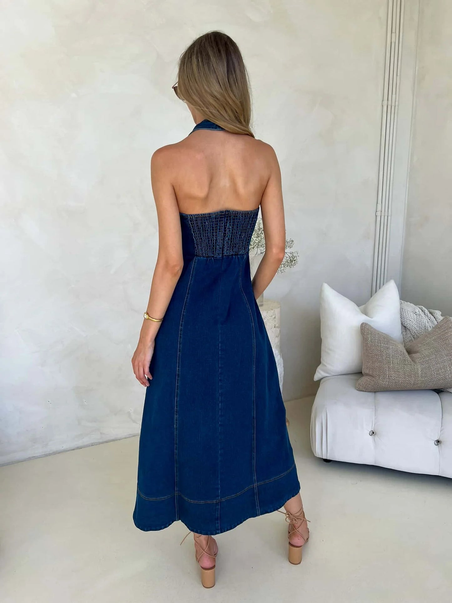 Harper Halter Denim Midi Dress - Blue