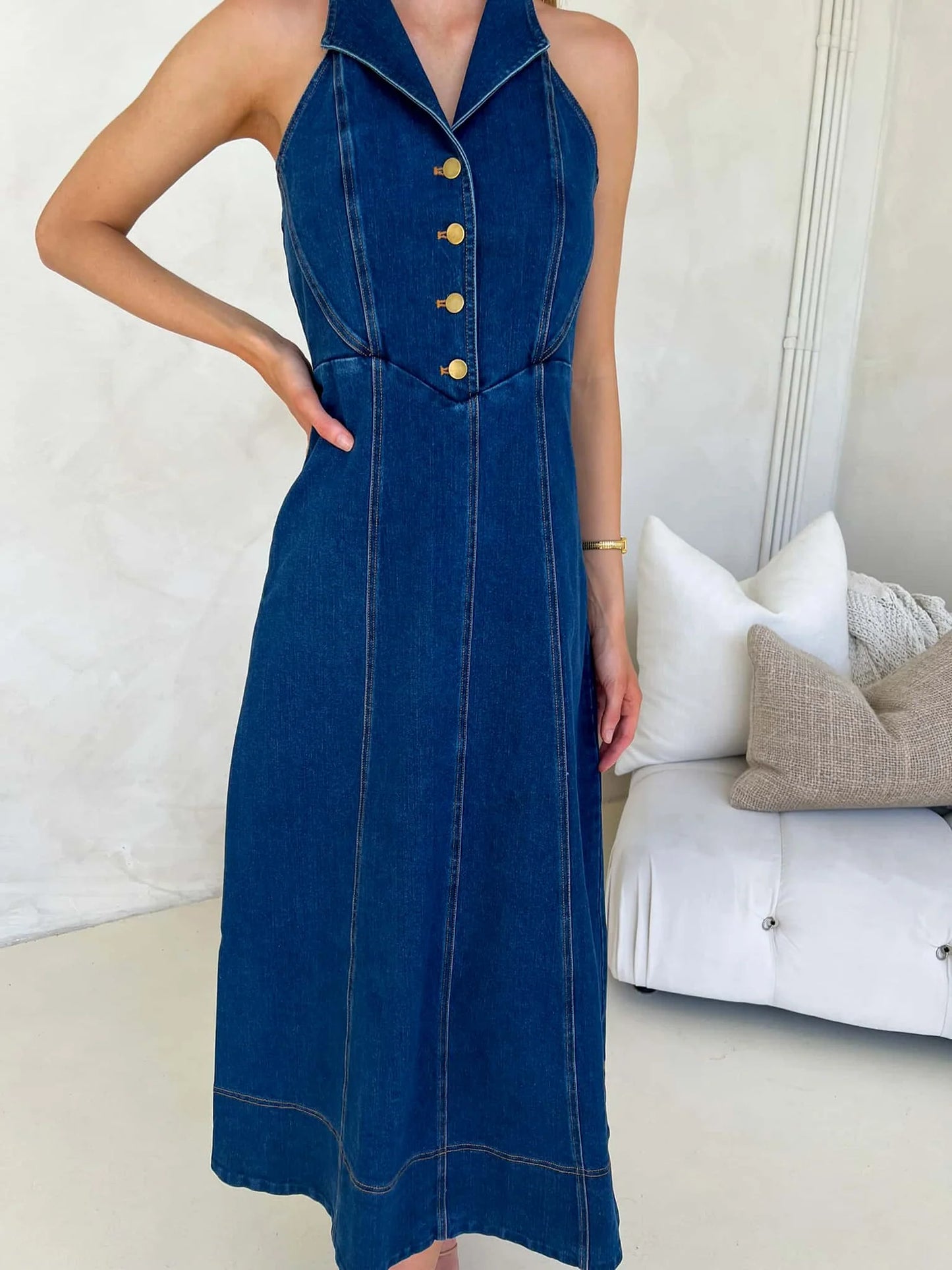 Harper Halter Denim Midi Dress - Blue