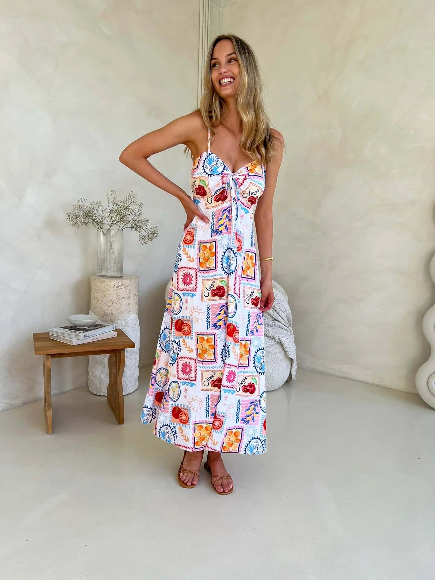 Cameo Maxi Dress - Travel Tales Print White