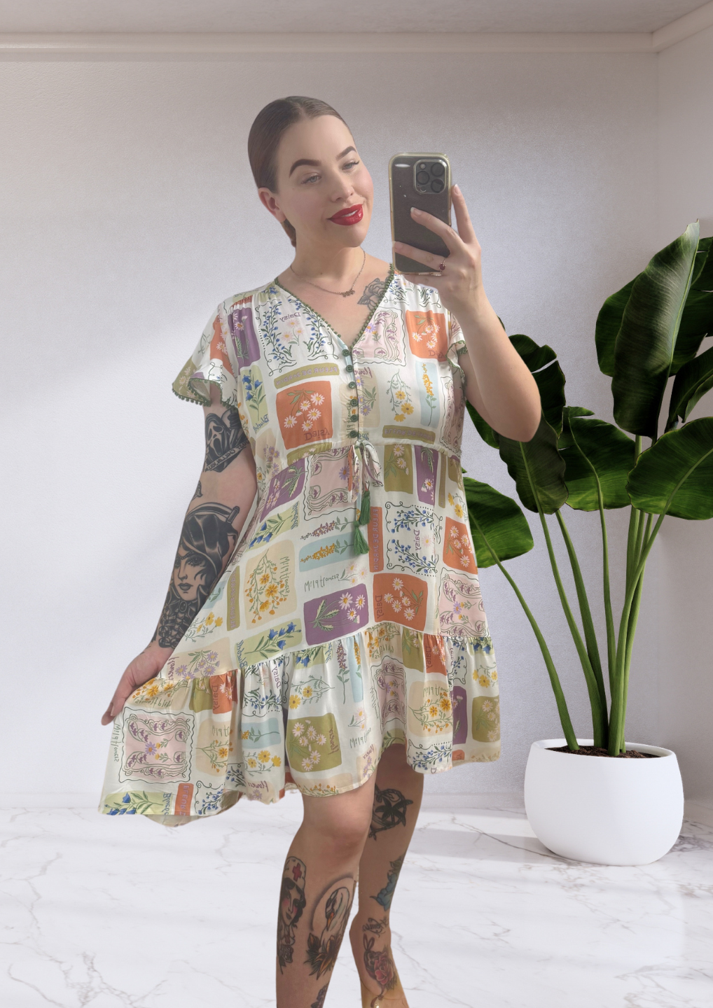Mindy Tie Waist Mini Dress - Green Patchwork