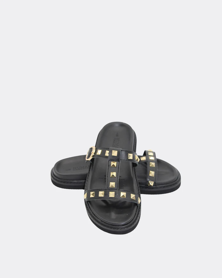 Peyton Studded Leather Sandle Slide Shoes - Black