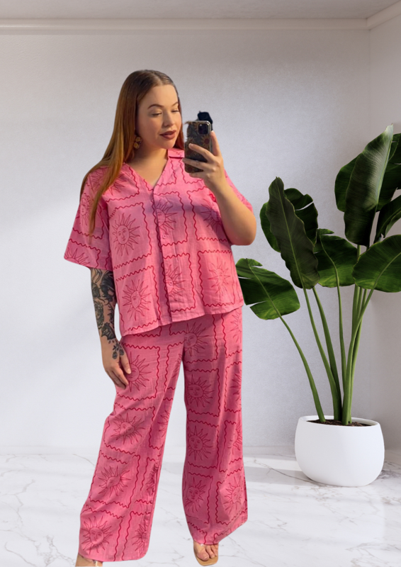 Sunny By Frankie Shirt & Long Pants Set - Pink Red Sun
