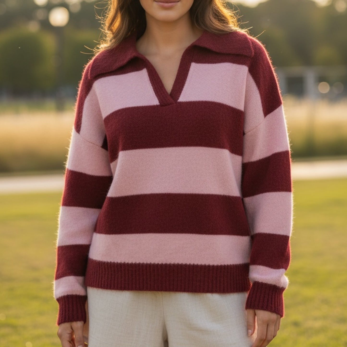 Danika Collared Wide Stripe Jumper - Pink Maroon