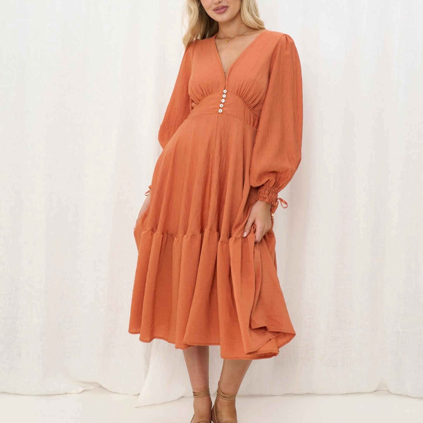 Kiani Long Sleeve V-Neck Midi Dress - Orange