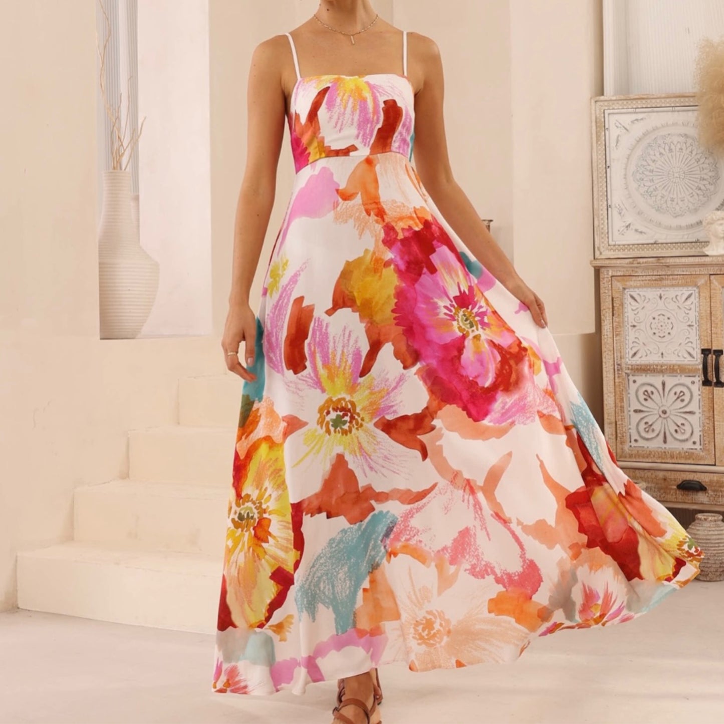 Tia Spaghetti Strap Maxi Dress - Pink Floral