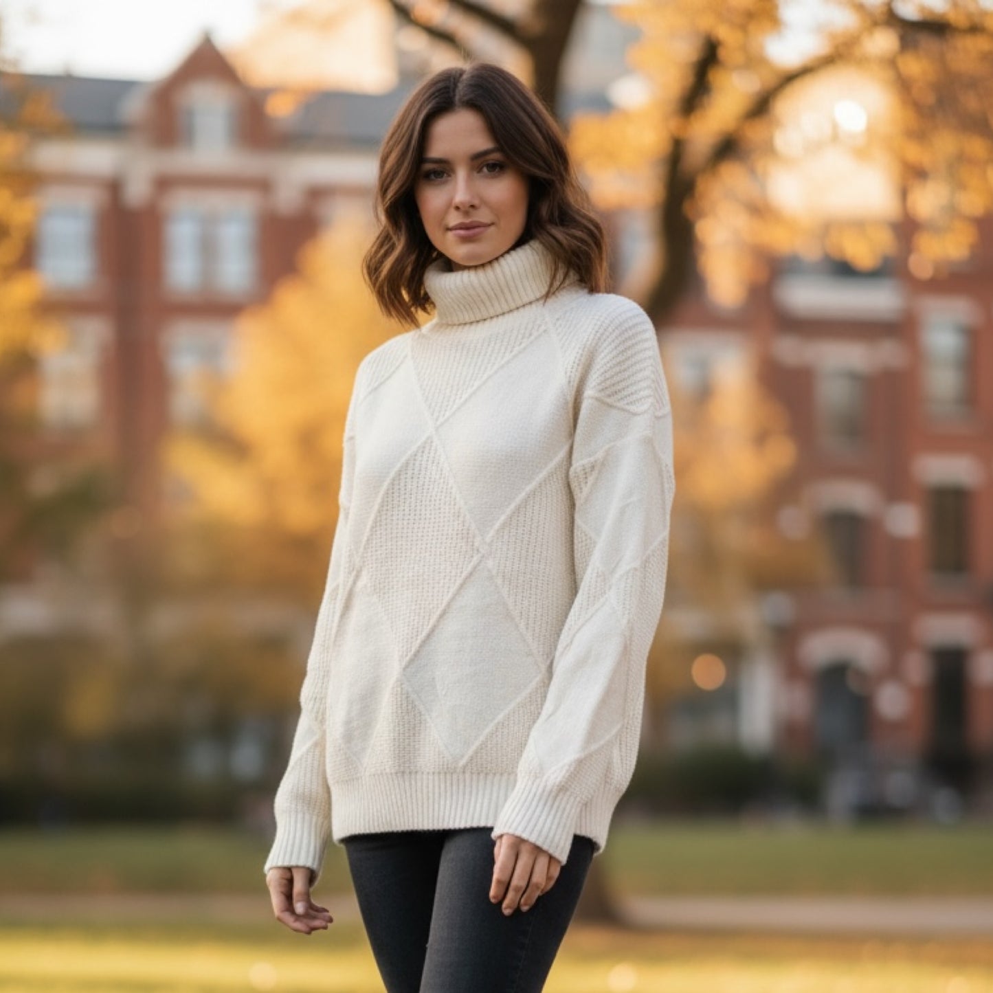 Diamond Contrast Roll Neck Knit jumper - Winter White
