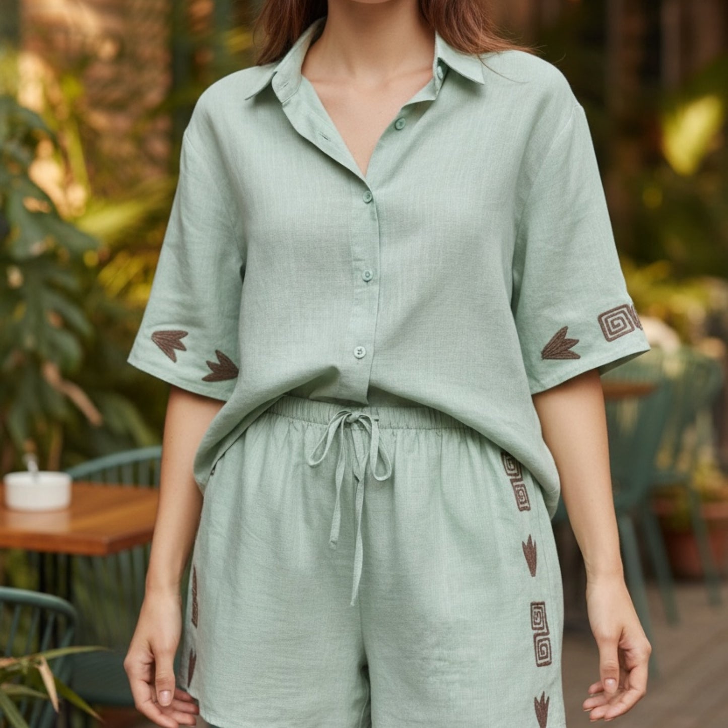 Taya Button Up Shirt & Shorts Set - Side Print Sage Green