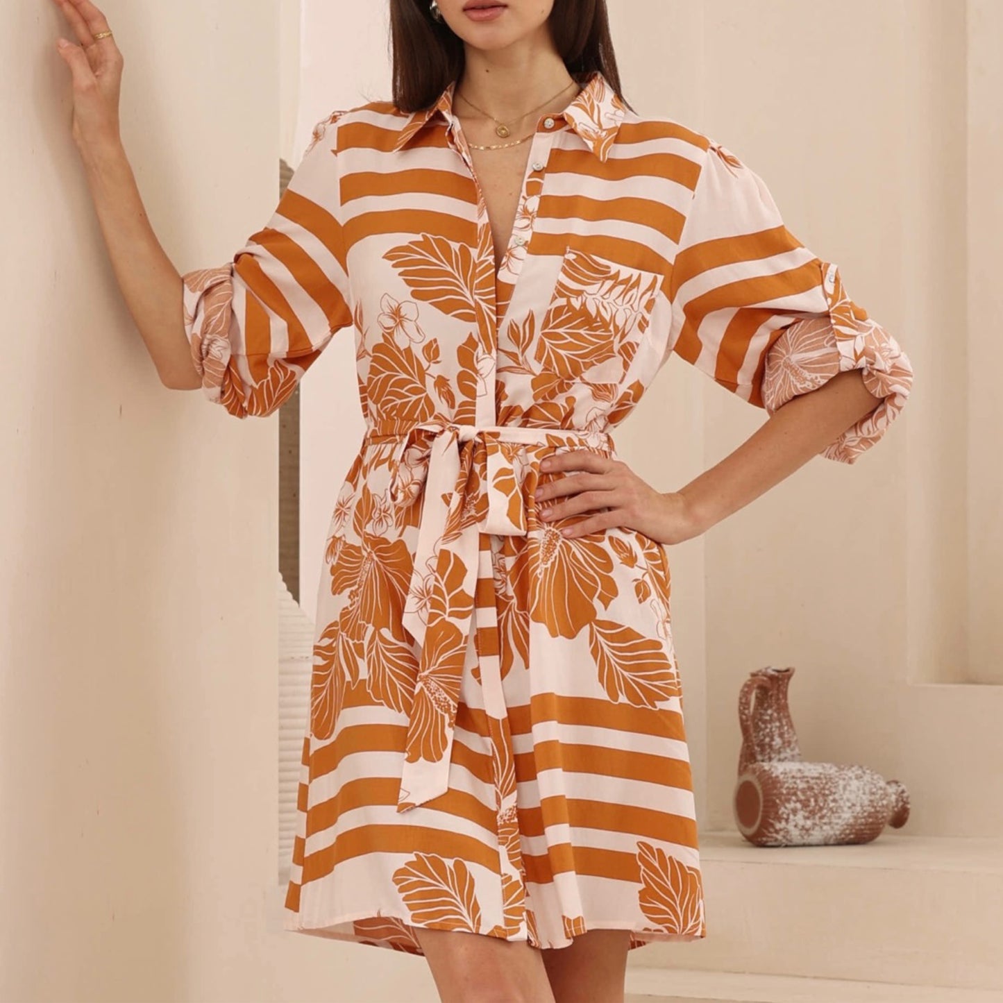 Indy Button Up Shirt Mini Dress - Pink Brown Stripe