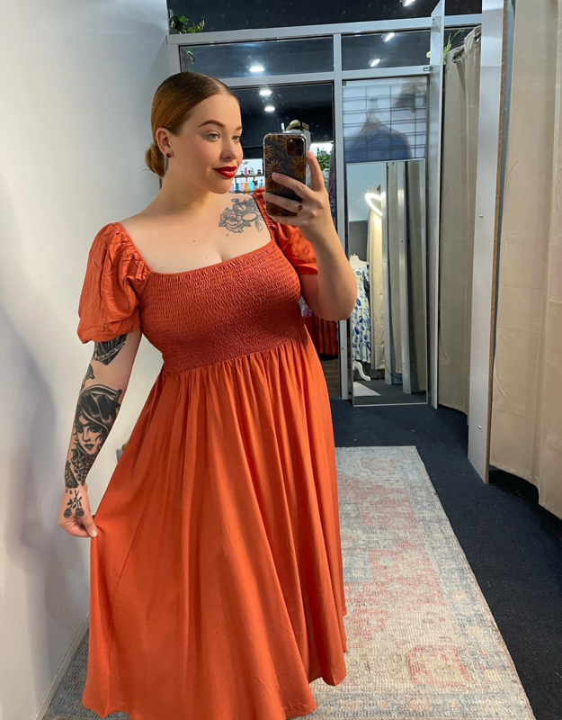 Alysia Shirred Bust Midi Dress - Rust Bestique Alysia Shirred Bust Midi Dress - Rust Bestique