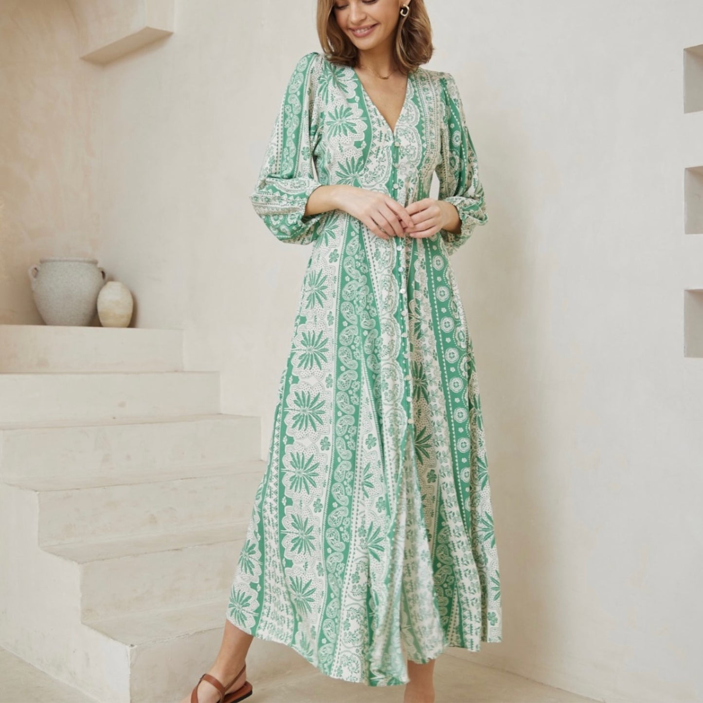 Denise Boho Button Up Maxi Dress - Green