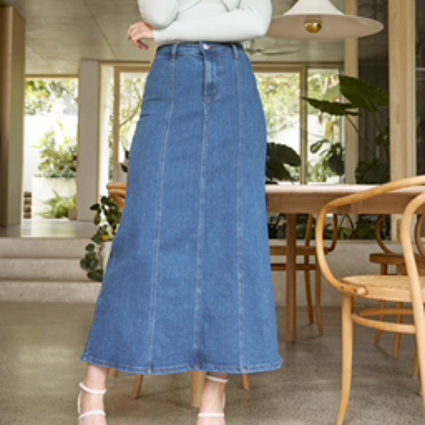 Maxi Denim Skirt with Panel Details - Blue