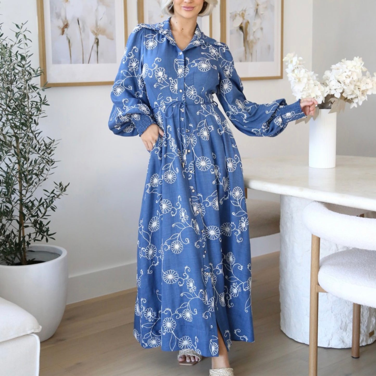 Blair Button Up Maxi Dress - Blue Embroidered