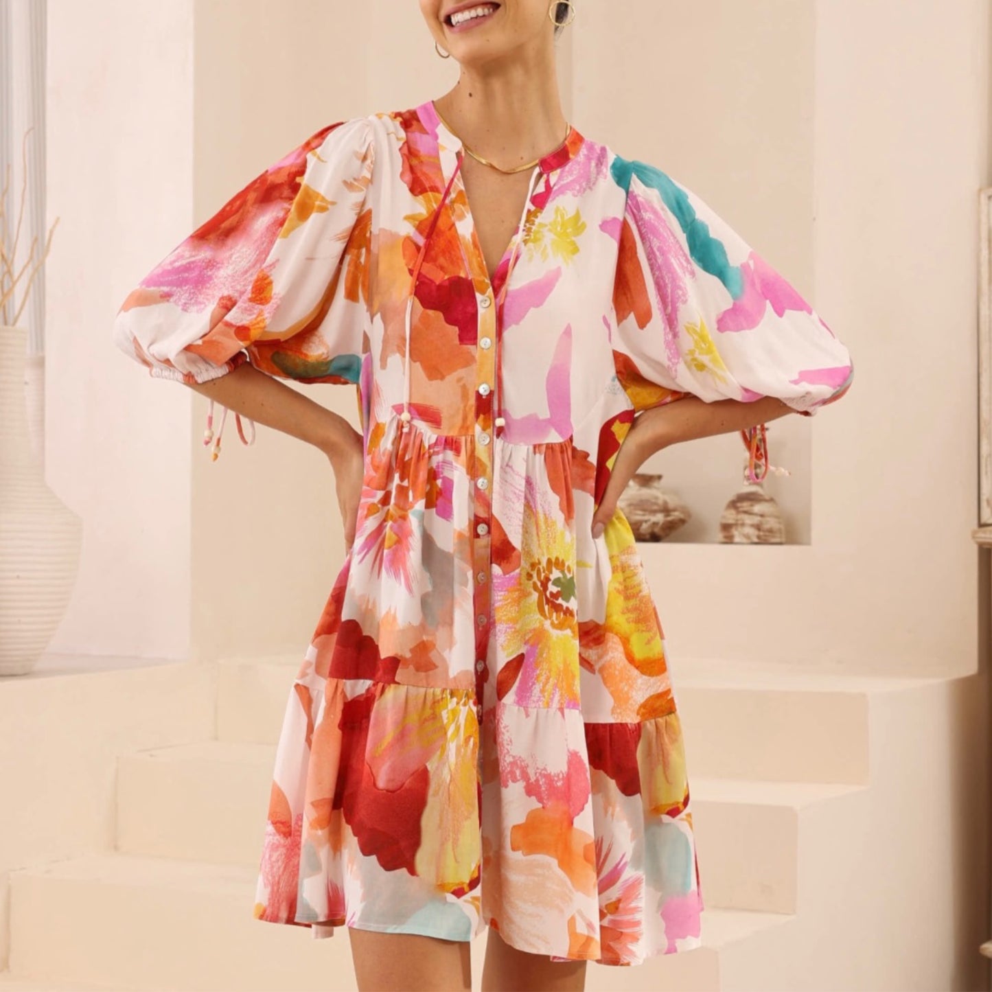 Poppy Button Up Mini Dress - Pink Floral