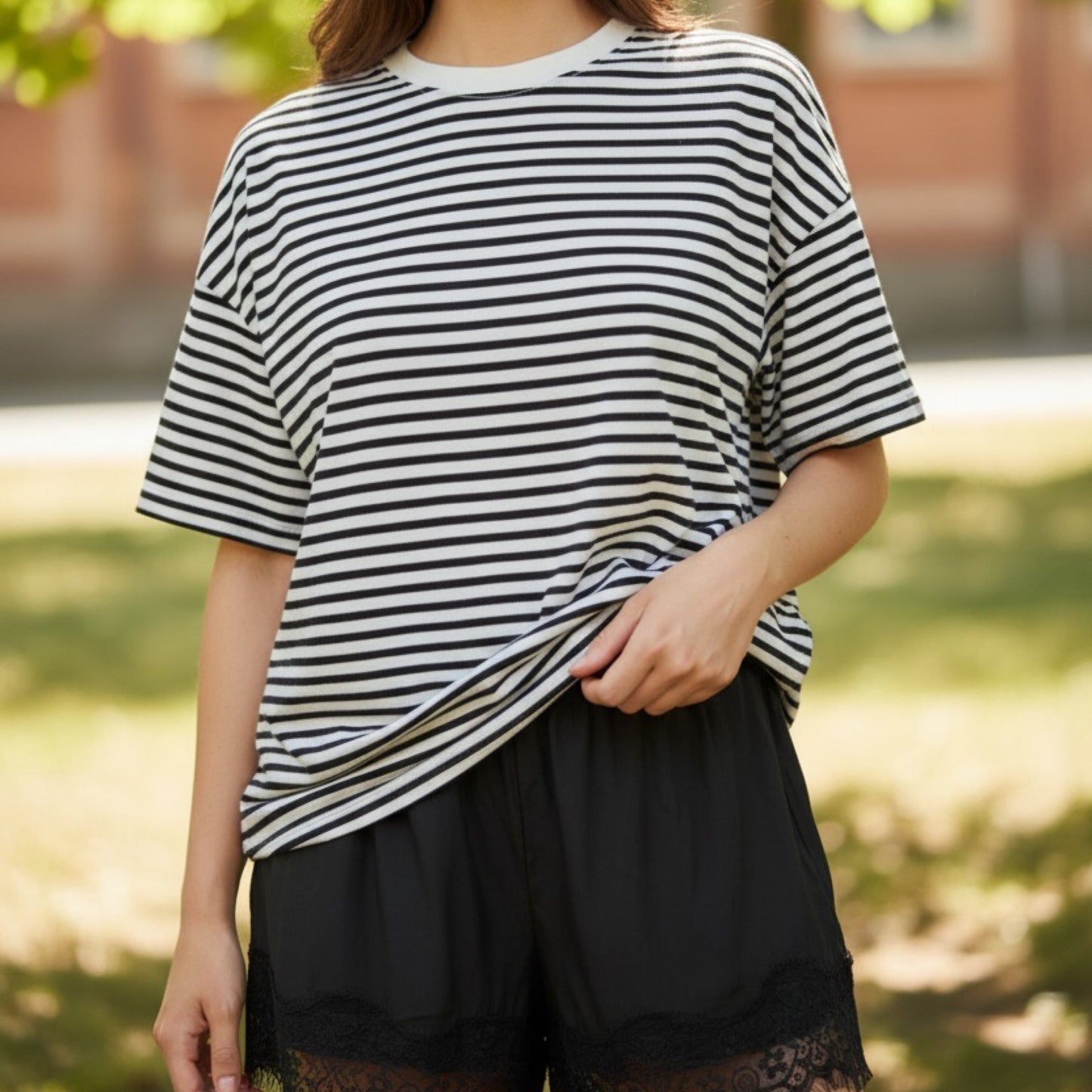 Hannah Stripe Top & Lace Shorts Set - Black White