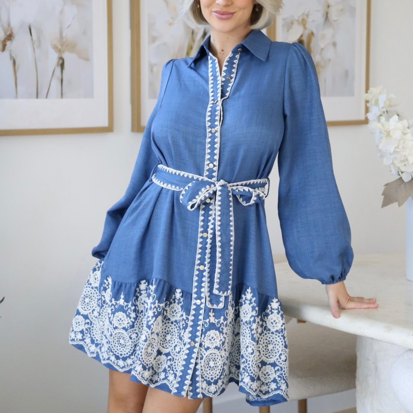 Kylie Long Sleeve Button Up Mini Dress - Blue Embroidered