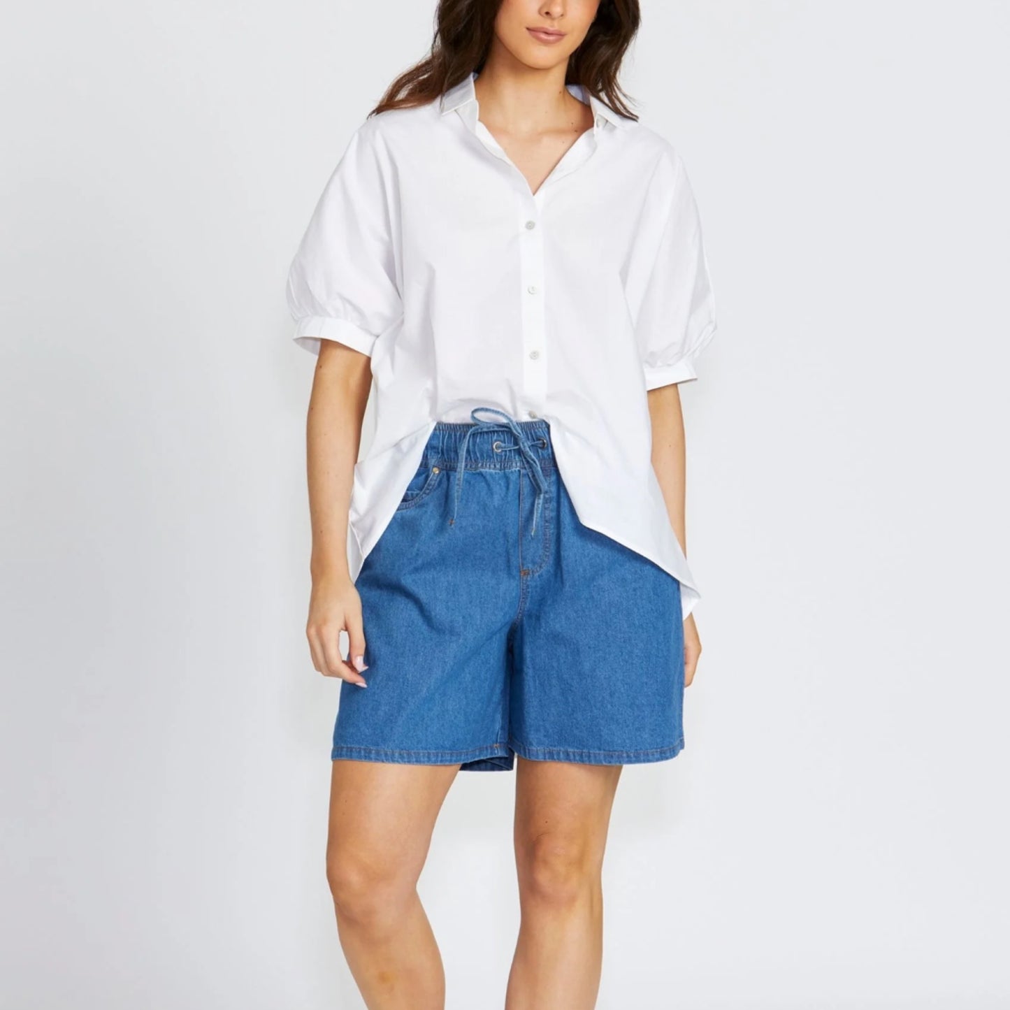 Cleo Elastic Waist Denim Shorts - White Ecru