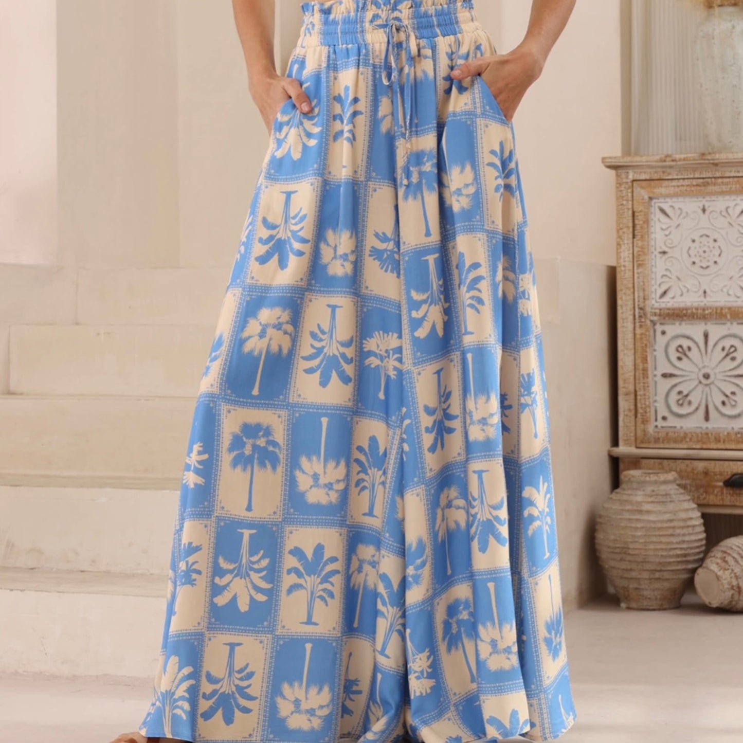 Kiara Wide Leg Pants - Blue Palm