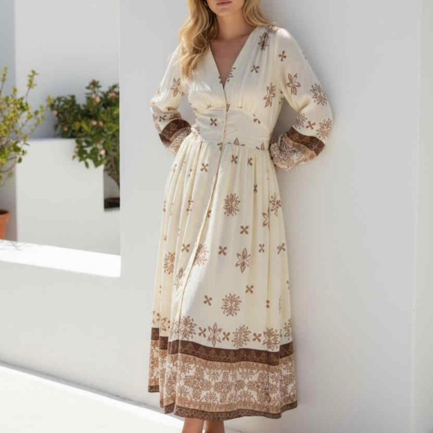 Zoe Midi Dress - White Brown