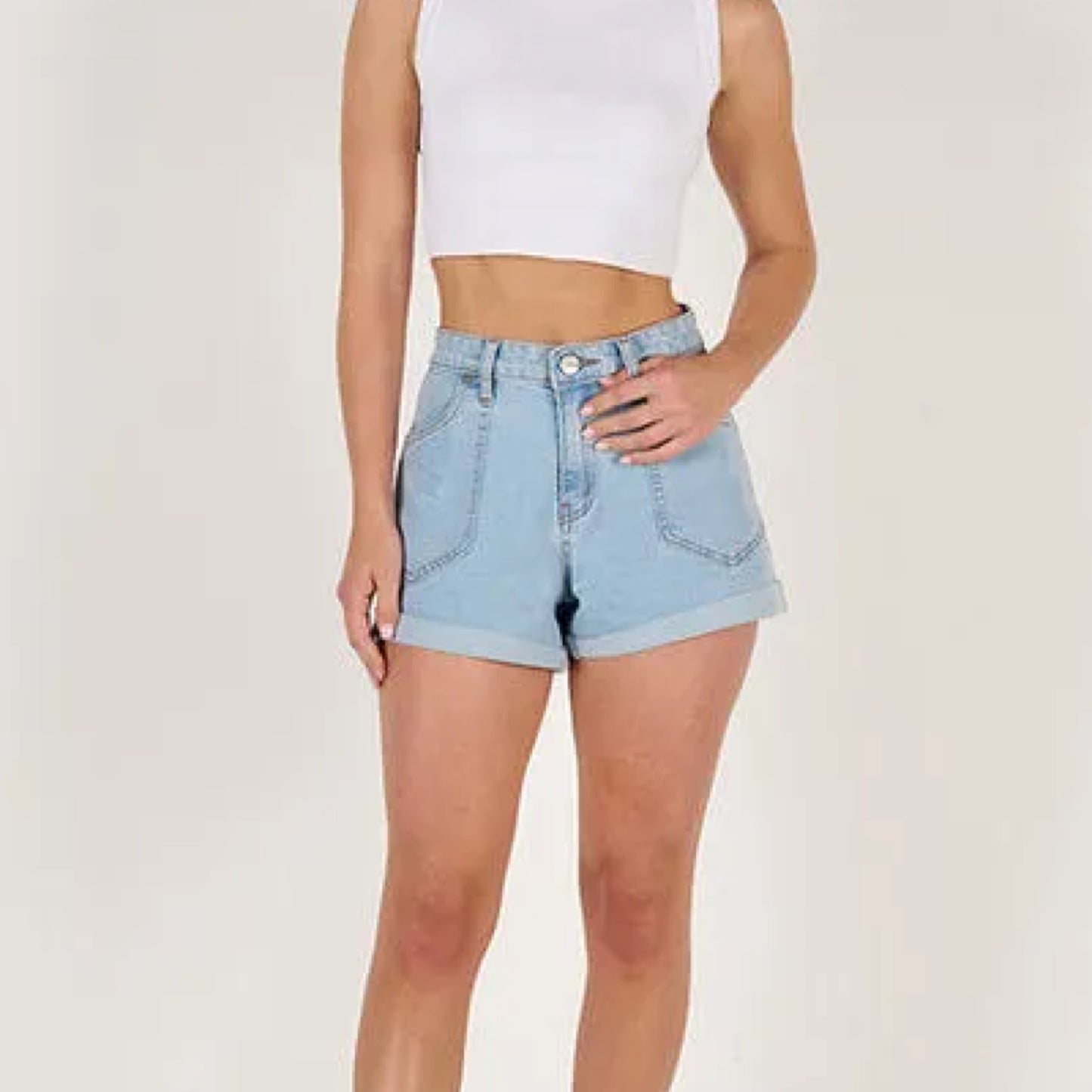 Sharon High Waist Cuffed Denim Shorts - Light Blue