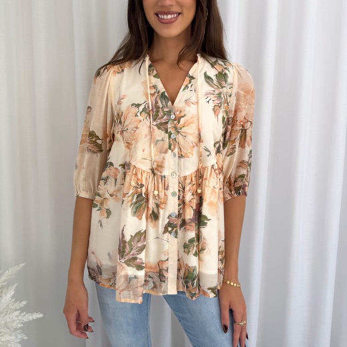 Pip Short Sleeve Button Up Shirt - Cream Floral
