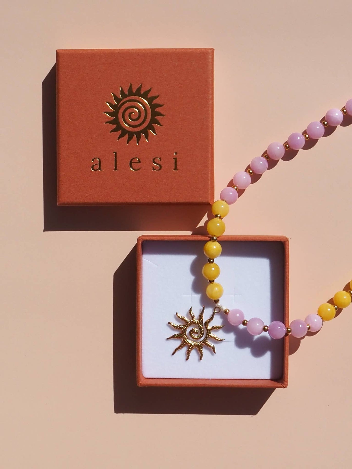 Spiral Silver Sun Pink and Yellow Beaded Gemstone Necklace | Alesi Jewellery